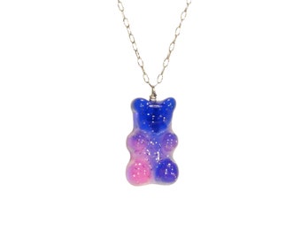 Gummy bear necklace sterling silver, colorful fun jewelry, cute candy necklace, kawaii, juicy gummy bear on 14k gold filled chain