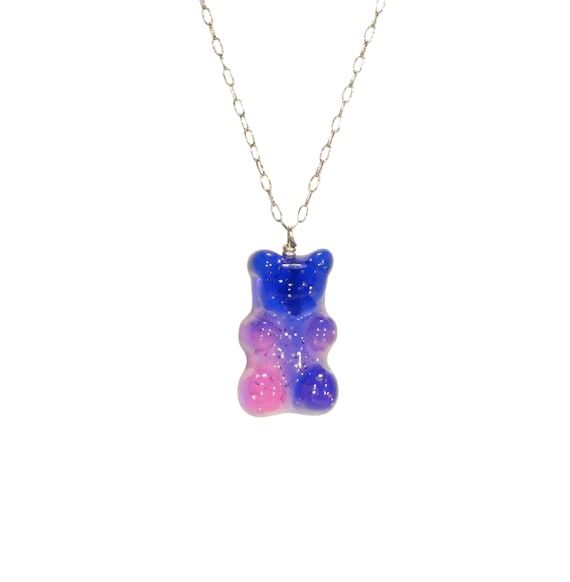 Gummy bear necklace sterling silver, colorful fun jewelry, cute candy necklace, kawaii, juicy gummy bear on 14k gold filled chain