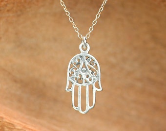 Silver Hamsa Necklace: Hand of God Protection Pendant, Dainty Sterling Silver Chain