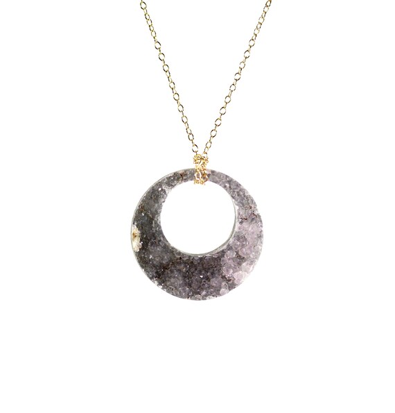 Amethyst circle necklace, raw crystal hoop pendant, amethyst druzy necklace, chunky crystal necklace, statement necklace, 14k gold filled
