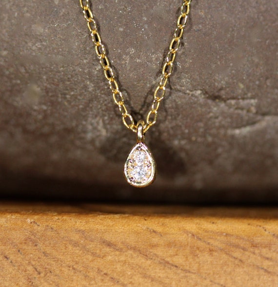Tiny crystal necklace, tiny teardrop necklace, dainty CZ necklace, tiny charm necklace, layering necklace, cubic zirconia necklace
