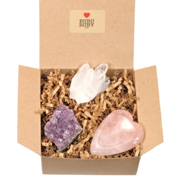 Rose quartz heart worry stone gift set, healing crystal gift box, raw amethyst, quartz crystal, gift for her, set of healing stones