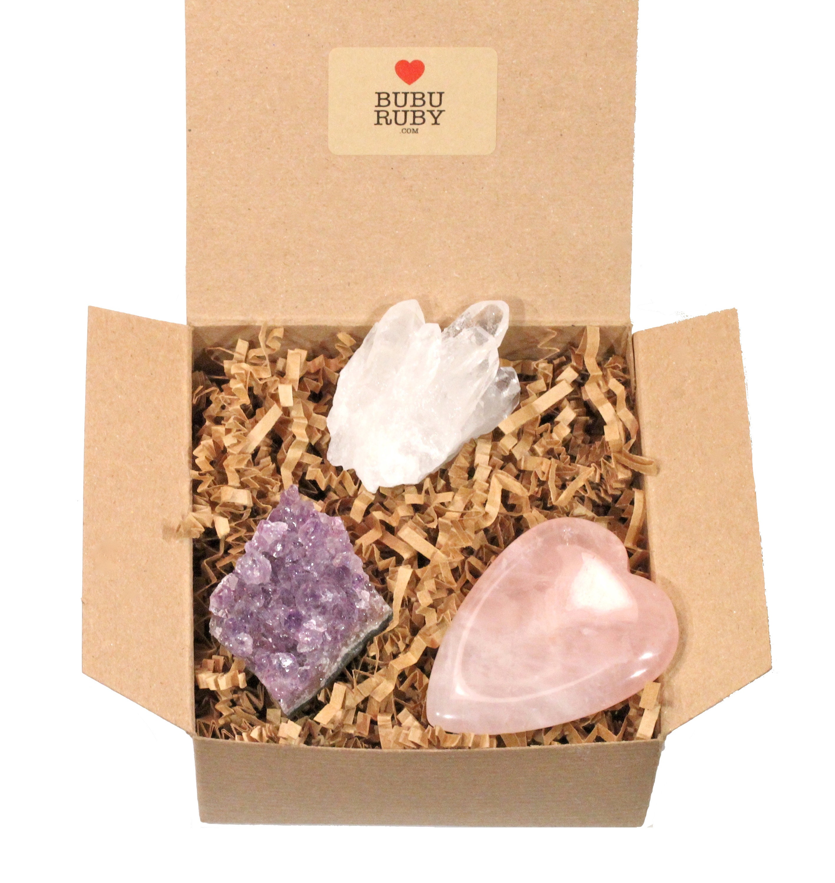 Rose quartz heart worry stone gift set, healing crystal gift box, raw