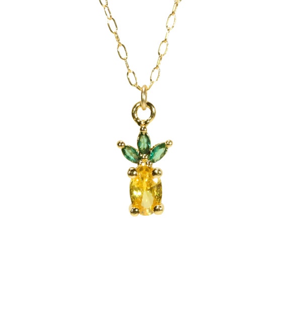 Pineapple necklace, tropical fruit jewelry, Hawaii necklace, shiny pineapple pendant, sparkly yellow necklace, 14k gold filled chain
