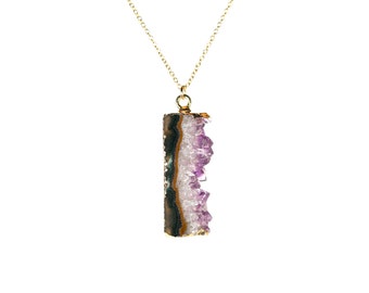 Gold-Lined Amethyst Slice Necklace: Raw Crystal, February Birthstone, 14k Gold Filled Chain