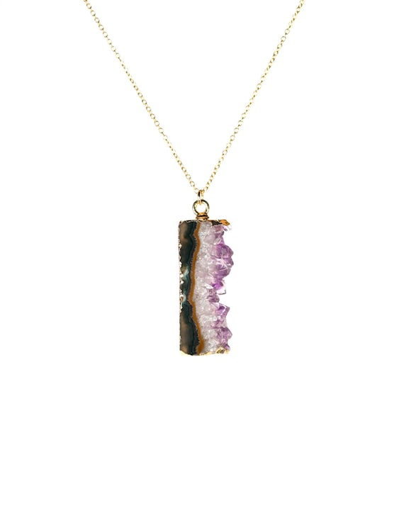 Amethyst slice necklace, crystal necklace, raw amethyst, February birthstone pendant, a gold lined amethyst slice on a 14k gold filled chain
