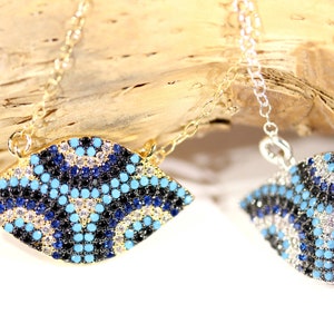 Evil eye necklace, crystal eye necklace, gold evil eye pendant, protection necklace, sparkly statement necklace, third eye amulet