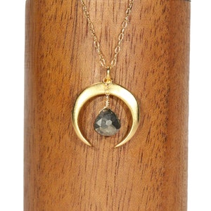 Crescent necklace, pyrite necklace, moon necklace, double horn, half hoop, gold tusk pendant, a gold vermeil horn on a 14k gold filled chain