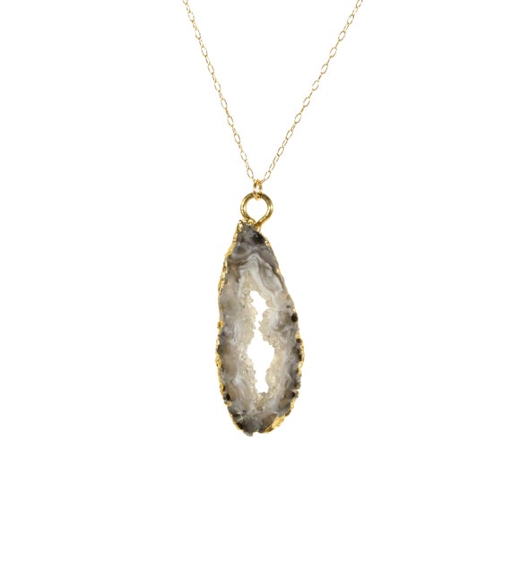 Geode necklace, raw crystal necklace, crystal slice pendant, druzy necklace, quartz, boho necklace, healing crystal, 14k gold filled chain