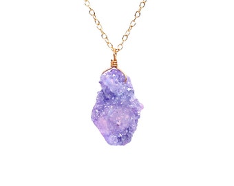 Aura quartz necklace - druzy necklace - purple aura crystal necklace - a raw crystal wire wrapped onto 14k gold vermeil chain