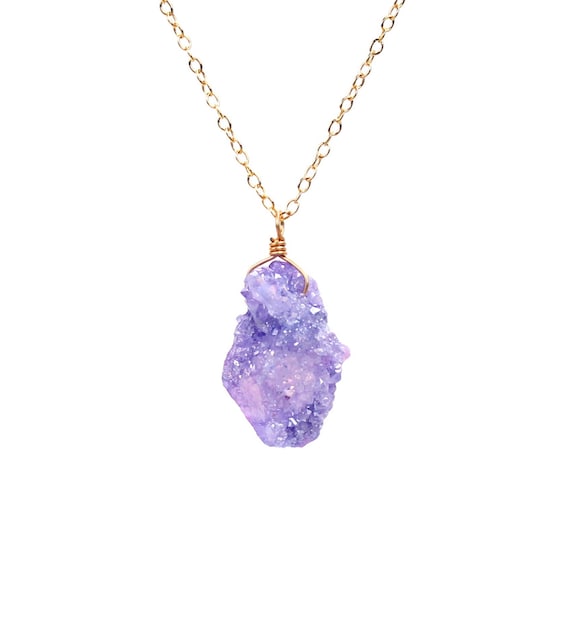 Aura quartz necklace - druzy necklace - purple aura crystal necklace - a raw crystal wire wrapped onto 14k gold vermeil chain