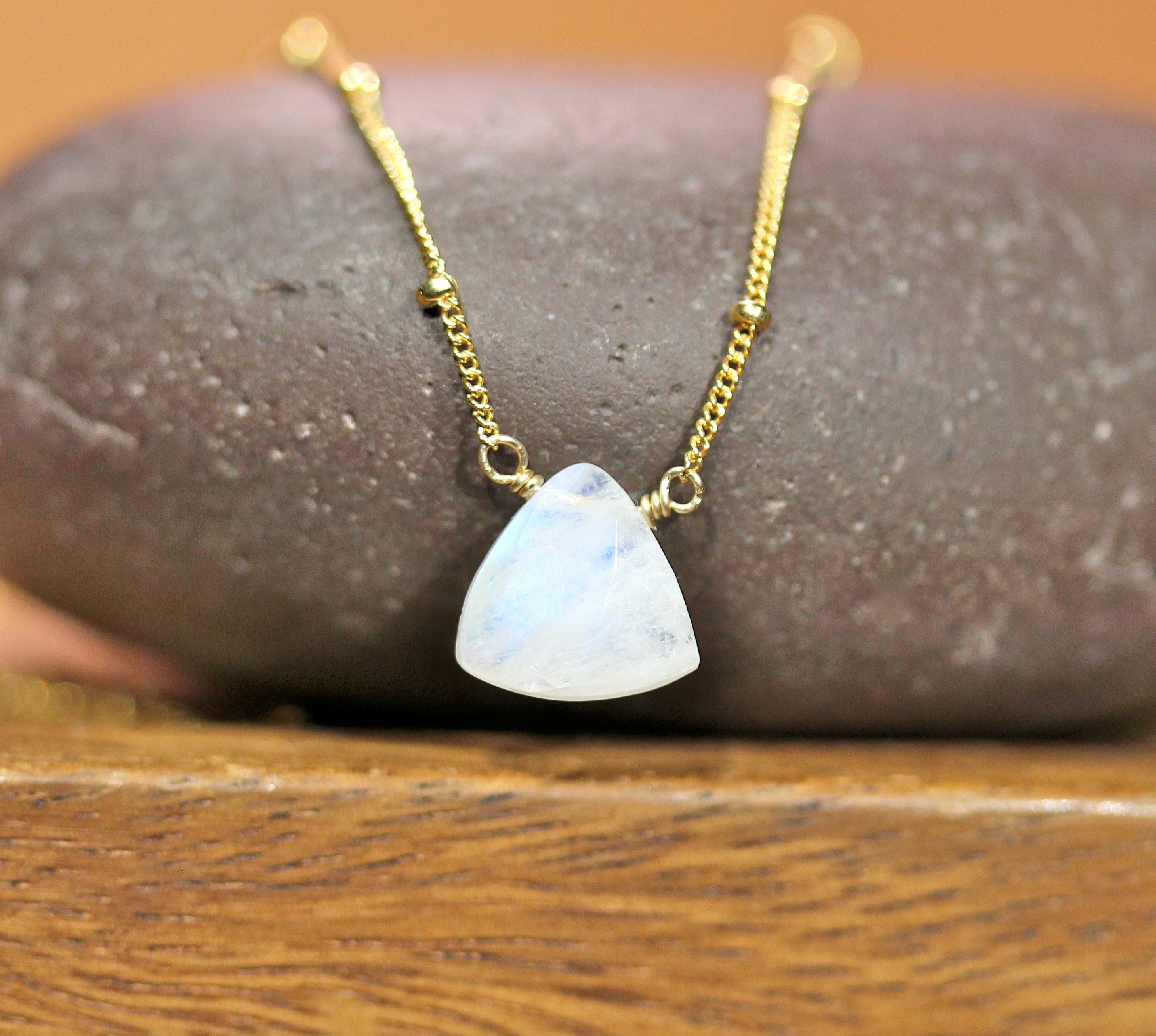 Rainbow Moonstone Necklace Crystal Triangle Pendant Crystal Necklace