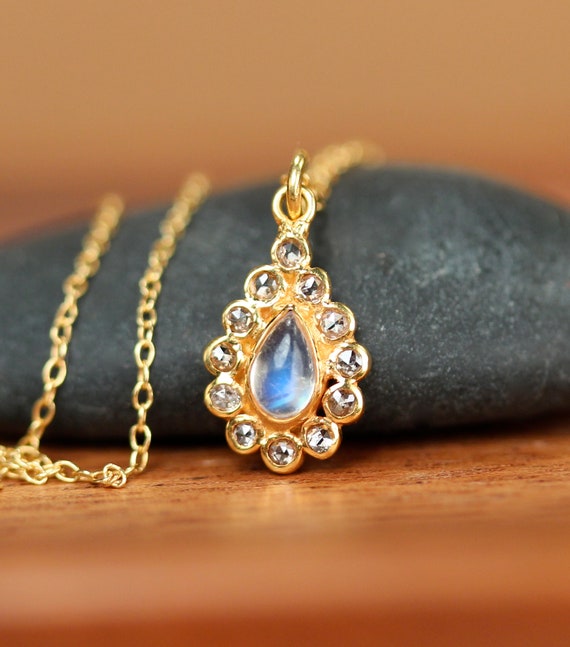 Diamond and moonstone necklace - diamond necklace - 18k gold moonstone necklace - teardrop necklace - wedding necklace