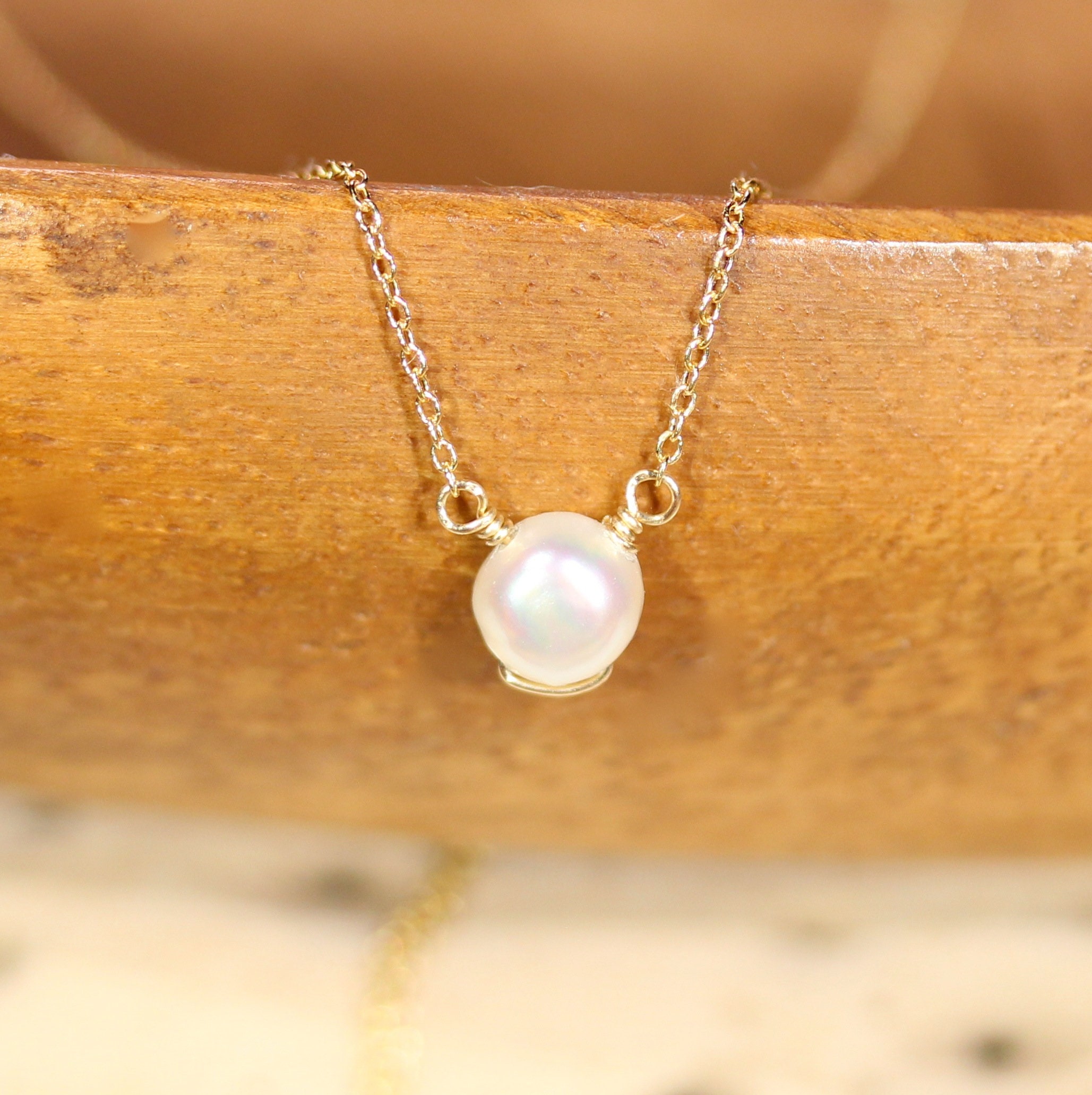 Pearl necklace, white pearl pendant, solitaire necklace, tiny round ...