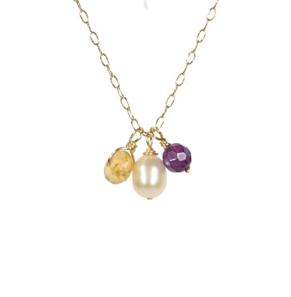 Citrine, amethyst and pearl necklace, freshwater pearl pendant, healing crystal necklace, dainty, white pearl necklace, 14k gold filled