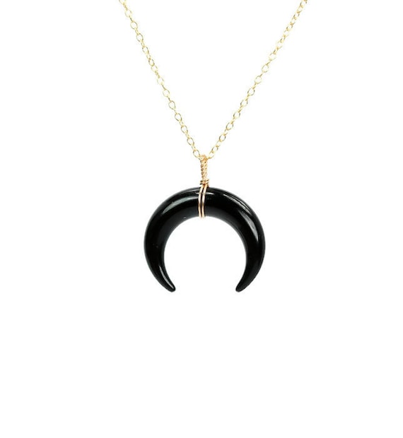 Double horn necklace - tusk necklace - moon necklace - black horn necklace - a wire wrapped crescent on a 14k gold vermeil chain