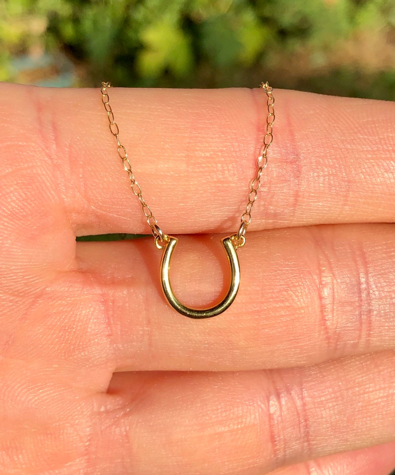 Guldhästskohalsband, lyckohalsband, lyckoberlock, lager-på-lager-smycken, liten guldhästsko, fint hänge, 14k guld vermeilkedja bild 2