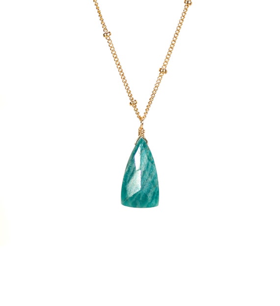 Amazonite necklace, green mineral pendant, crystal triangle necklace, geometric, chakra necklace, spike necklace, 14K gold filled chain