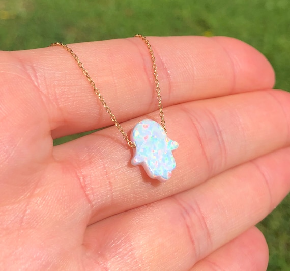 Opal hamsa necklace, white opal pendant necklace, good luck charm, hand of god, hand necklace, kaballah jewelry, evil eye necklace