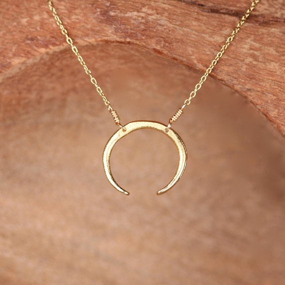 Gold crescent necklace, double horn, moon necklace, everyday jewelry, dainty necklace