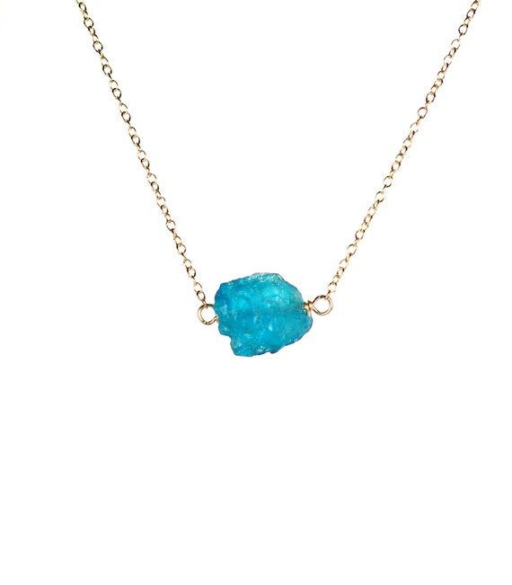 Apatite necklace, raw crystal necklace, blue crystal, ocean blue stone, a apatite gem wire wrapped onto 14k gold filled chain