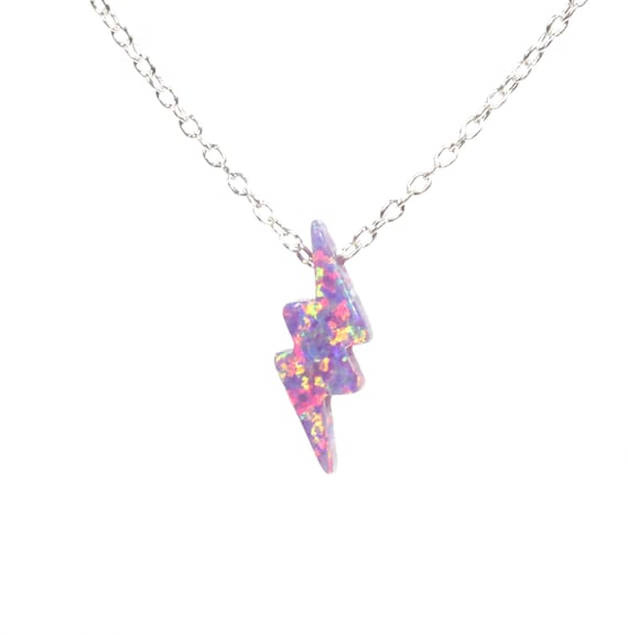 Lightning bolt necklace, opal lightning bolt, small thunderbolt charm, purple opal lightning, dainty necklace, sterling silver chain