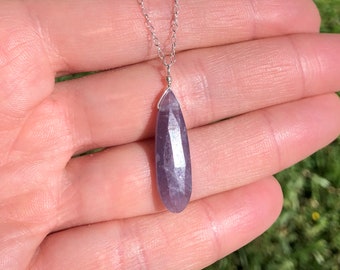 Teardrop Lepidolite Crystal Necklace: Sterling Silver Purple Stone