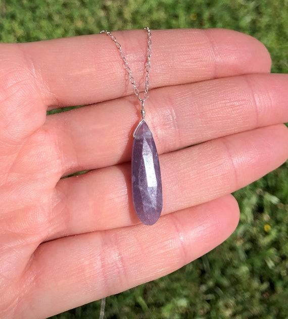 Crystal necklace, lepidolite necklace, purple stone, mineral necklace - a teardrop purple lepidolite crystal on a sterling silver chain