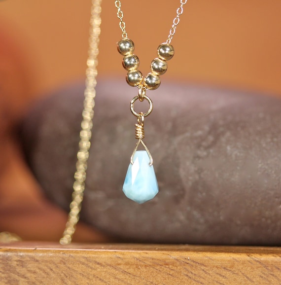 Larimar necklace, blue crystal necklace, dainty gemstone necklace, lariat necklace, healing stone pendant, delicate gold necklace for her