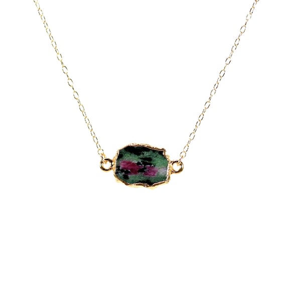 Ruby necklace - zoisite necklace - raw crystal necklace - July birthstone necklace - a gold lined ruby zoisite on a 14k gold filled chain