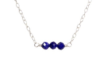 Tiny Blue Bead Necklace: Dainty Sterling Silver Chain Lapis Lazuli Jewelry