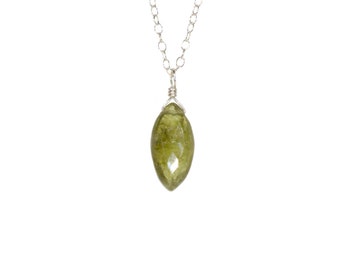Garnet Necklace: Green Grossular Marquis Gemstone Pendant, Dainty Sterling Silver Chain