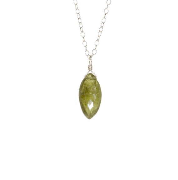 Garnet necklace, healing crystal, green grossular garnet, marquis gemstone pendant, dainty sterling silver chain