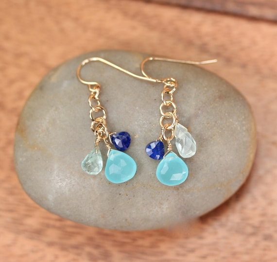 Aquamarine earrings, gemstone earrings - gold dangle earrings - chalcedony drop earrings - party earrings - lapis earrings
