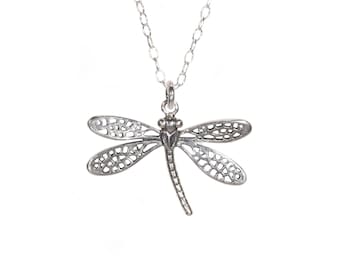 Dragonfly necklace, bug necklace, dragonfly pendant necklace, sterling silver insect, boho jewelry, nature lover, girls necklace in silver