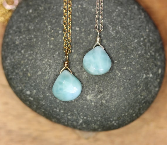 Baby Blue Gemstone Necklace, Larimar Teardrop Pendant, Dainty 14K Gold Filled Chain