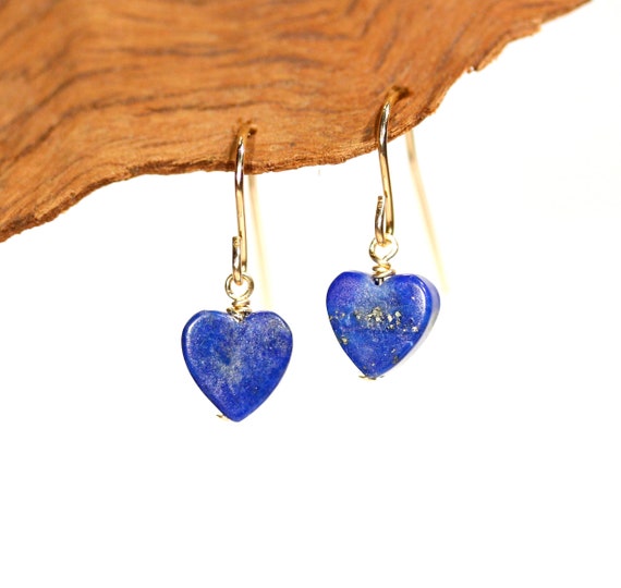 Gold heart earrings - lapis lazuli earrings - lapis hearts - love earrings - september birthstone - blue earrings