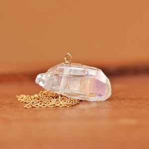 Angel aura crystal necklace - aura quartz - rainbow - raw crystal - an angel aura crystal wire wrapped onto a 14k gold filled chain