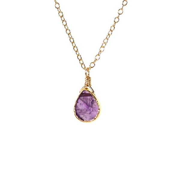 Tiny amethyst necklace, purple teardrop necklace, February birthstone necklace, gold lined crystal necklace, 14k gold filled chain