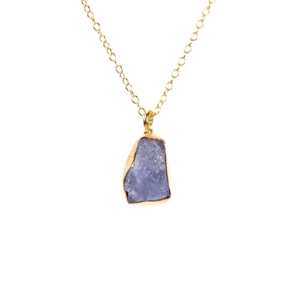 Tanzanite necklace, purple crystal necklace, raw crystal pendant, a gold bezel set raw purple tanzanite hanging from a 14k gold filled chain