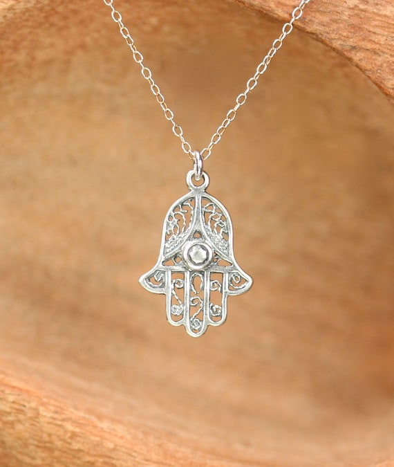 Silver hamsa necklace - gold hamsa charm - protection - amulet - a filigree silver hamsa on a sterling silver chain satellite chain