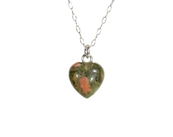 Unique Heart necklace, Green Unakite Stone Love Pendant, Earthy Green, Dainty Sterling Silver Chain