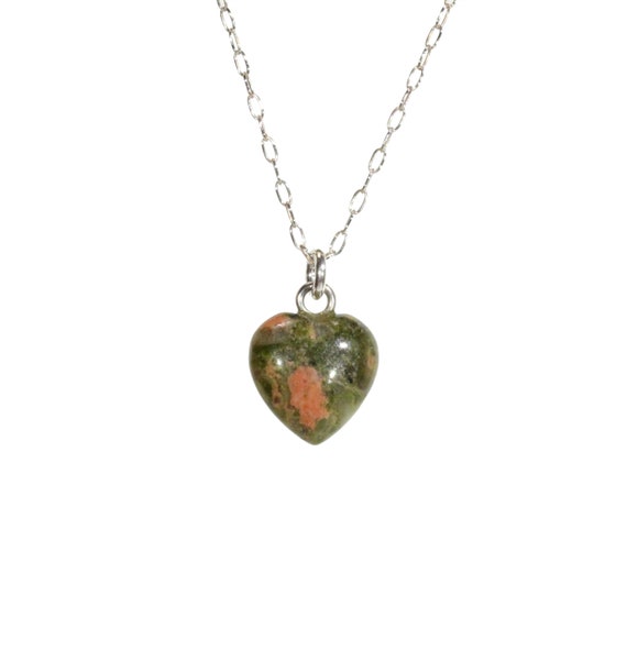 Healing heart necklace, Green Unakite necklace, stone heart pendant, earthy green heart, gift for her, dainty sterling silver chain