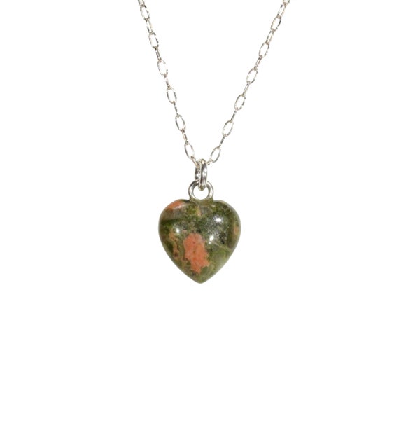 Heart necklace, Unakite necklace, heart pendant, healing heart stone, green heart, pink and green stone, gift for her, sterling silver