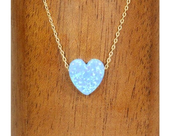 Collar de corazón de ópalo azul: colgante chapado en oro de 14 k, regalo de San Valentín