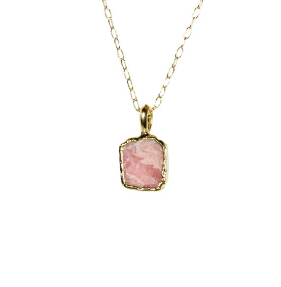 Rhodochrosite necklace, pink crystal pendant, pink stone necklace, healing crystal jewelry, light pink crystal, 14k gold filled chain