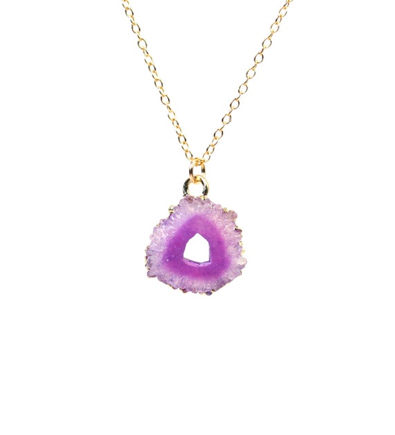Druzy necklace, pink geode necklace, purple solar quartz, raw crystal, a gold lined druzy slice on a 14k gold filled chain