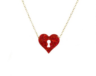Opal heart necklace, key hole necklace, key to my heart, red opal heart locket, fire opal necklace, padlock, 14k gold filled chain