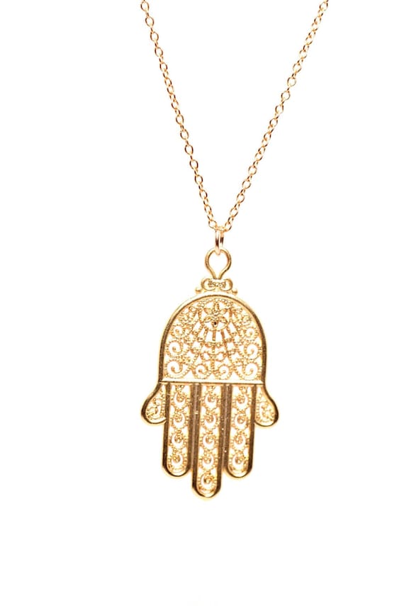 Hamsa necklace, gold hamsa charm, protection necklace, hand of god, amulet necklace, filigree design pendant, yoga jewelry, bohemian jewelry