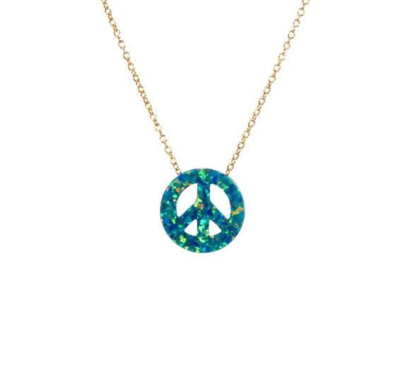 Peace sign on a 14k rose gold filled chain, opal necklace, green peace sign necklace, peace symbol, fire opal jewelry, boho necklace,